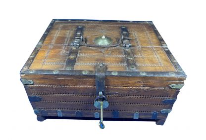 1920s Indian Brass and Iron Bound Teak Box