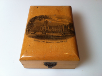 Mauchline Ware, Sycamore box "Proprietary College Cheltenham."